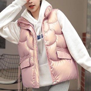 Women Padded Vest Large Bright Pink Turtleneck Full Zipper Waist Adjustable